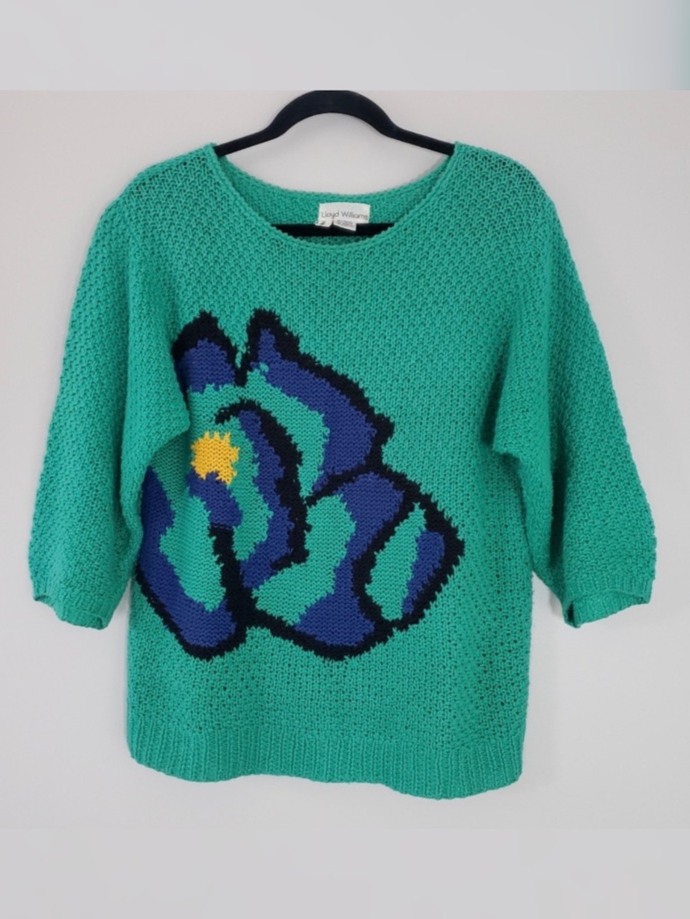 Vintage Lloyd Williams 80s Green Abstract Floral Chunky Knit Sweater